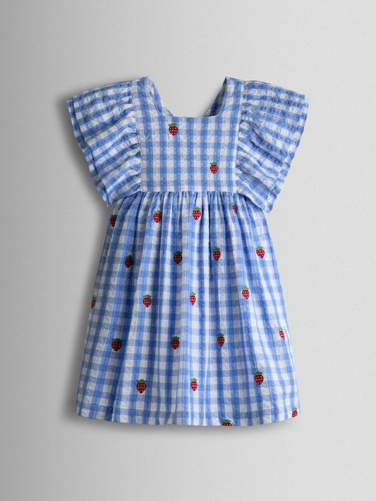 Dsiney Kidz - JoJo Maman Bébé Blue Gingham Strawberry Frill Square Neck Gingham Dress image 2