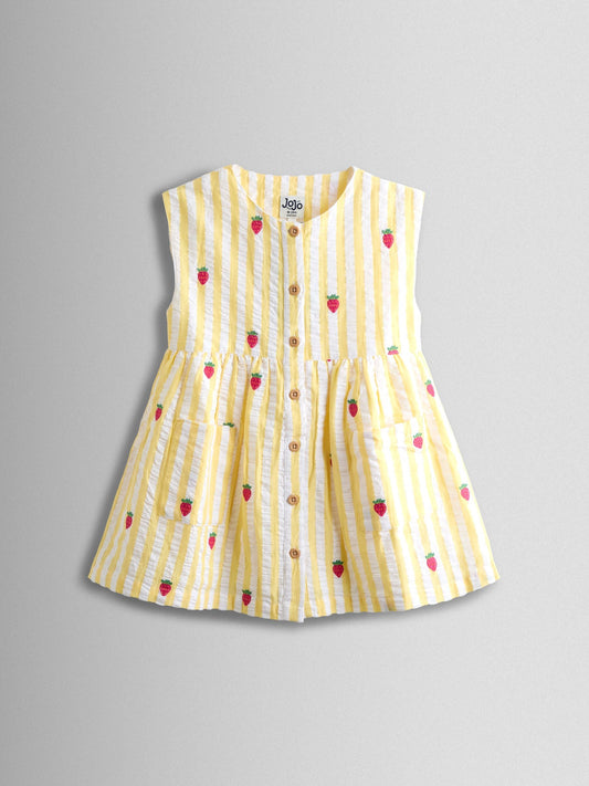 Dsiney Kidz - JoJo Maman Bébé Yellow Stripe Strawberry Sleeveless Embroidered Button Through Dress image 2
