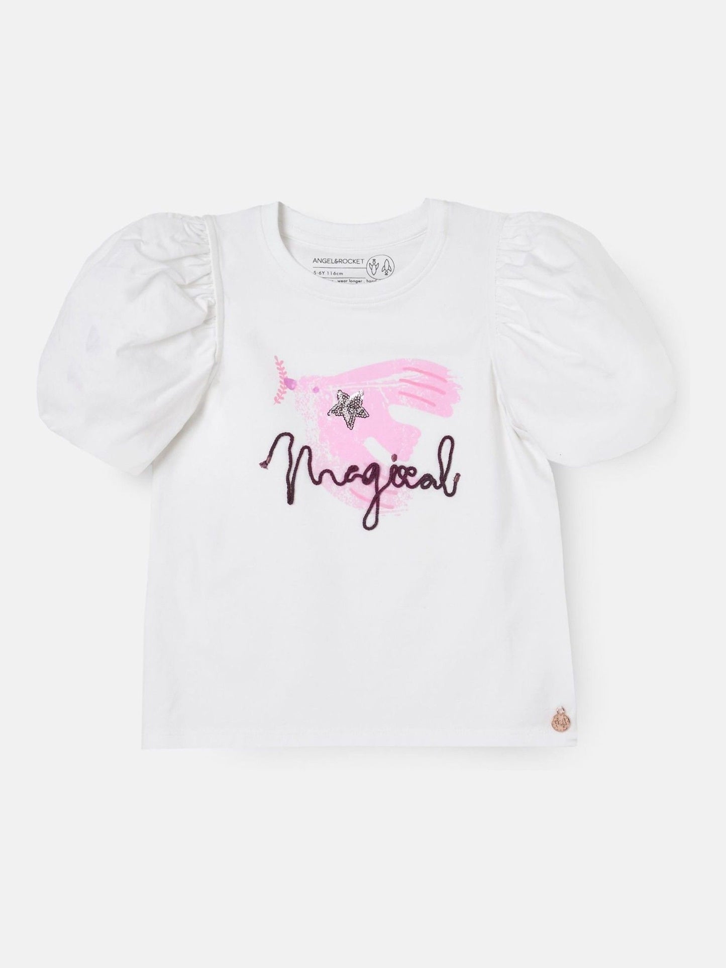 Dsiney Kidz - Angel & Rocket White Heidi Puff Sleeve Embellished Top image 5