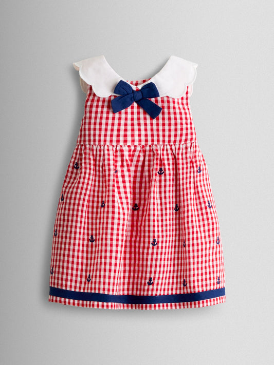 Dsiney Kidz - JoJo Maman Bébé Red Gingham Nautical Embroidered Sailor Baby Dress image 2