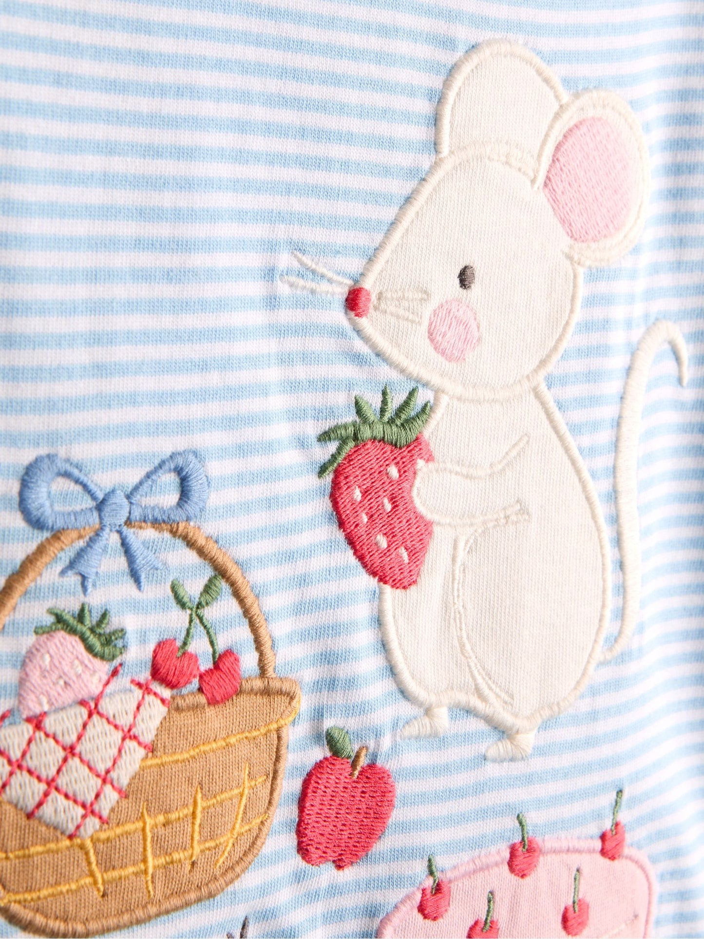 JoJo Maman Bébé Blue Mouse Picnic Appliqué Button Shoulder T-Shirt image 3