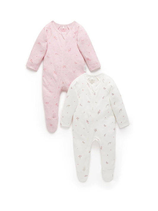 Purebaby Pale Pink Blossom Zip Baby Sleepsuits 2 Pack image 2