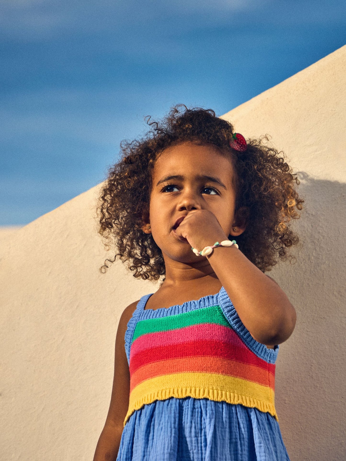 JoJo Maman Bébé Blue Rainbow Strawberry Appliqué Pocket Knit Cheesecloth Combo Dress image 5