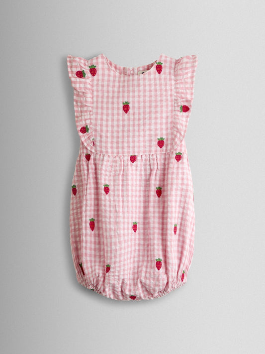 JoJo Maman Bébé Pink Strawberry Embroidered Frill Romper & Hat Set image 2