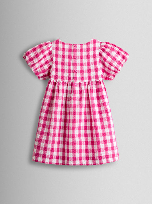 Dsiney Kidz - JoJo Maman Bébé Fuchsia Pink Gingham Fruit Appliqué Puff Sleeve Dress image 2