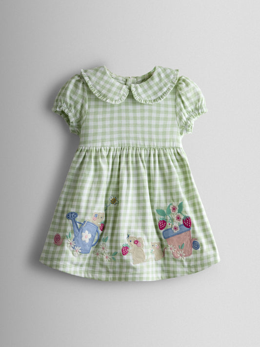 Dsiney Kidz - JoJo Maman Bébé Green Garden Mouse Appliqué Frill Collar Baby Dress image 2