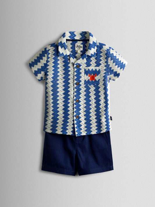 JoJo Maman Bébé Blue Zig Zag Textured Shirt & Shorts Resort Set image 2