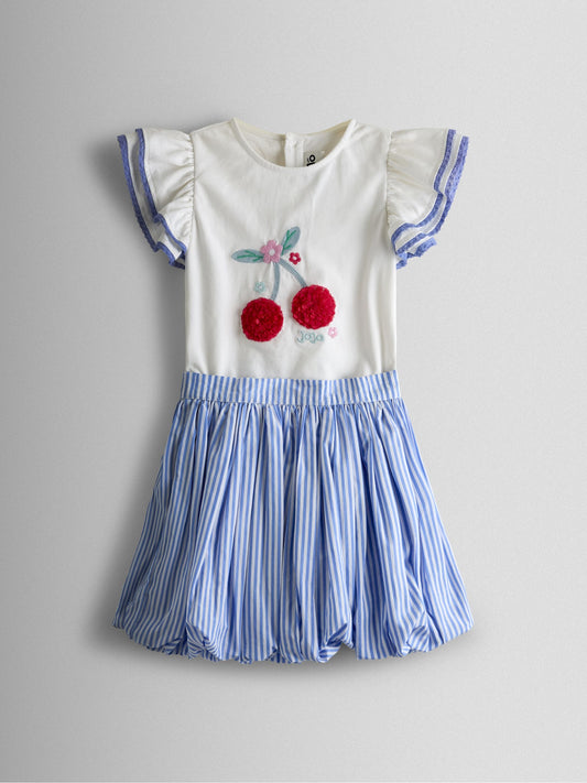 Dsiney Kidz - JoJo Maman Bébé Blue Cherry Applique Tshirt & Bubble Hem Skirt Set image 2