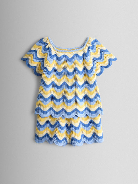 Dsiney Kidz - JoJo Maman Bébé Blue Chevron Crochet Top & Short Set image 2
