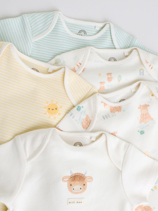 Ecru White Short Sleeve Baby Bodysuits 5 Pack image 3