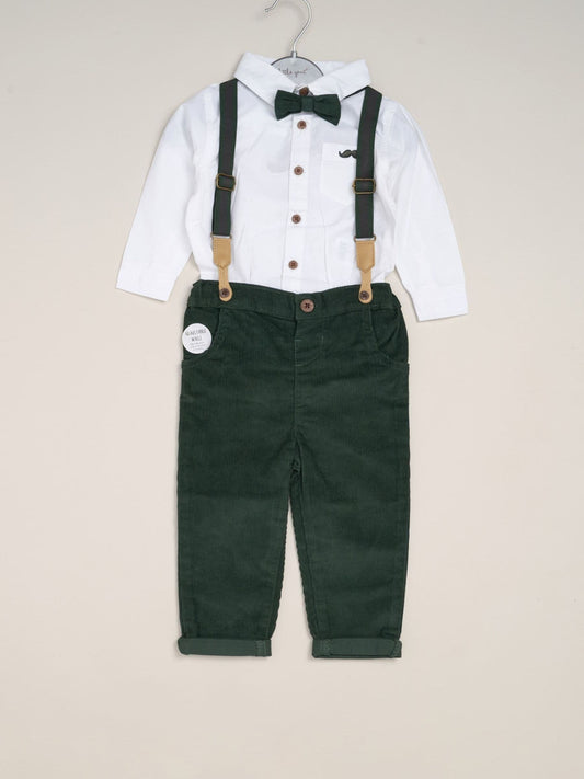 Dsiney Kidz - Little Gent Green Corduroy Bow Tie Mock Shirt And Trousers With Braces Outfit Set image 2