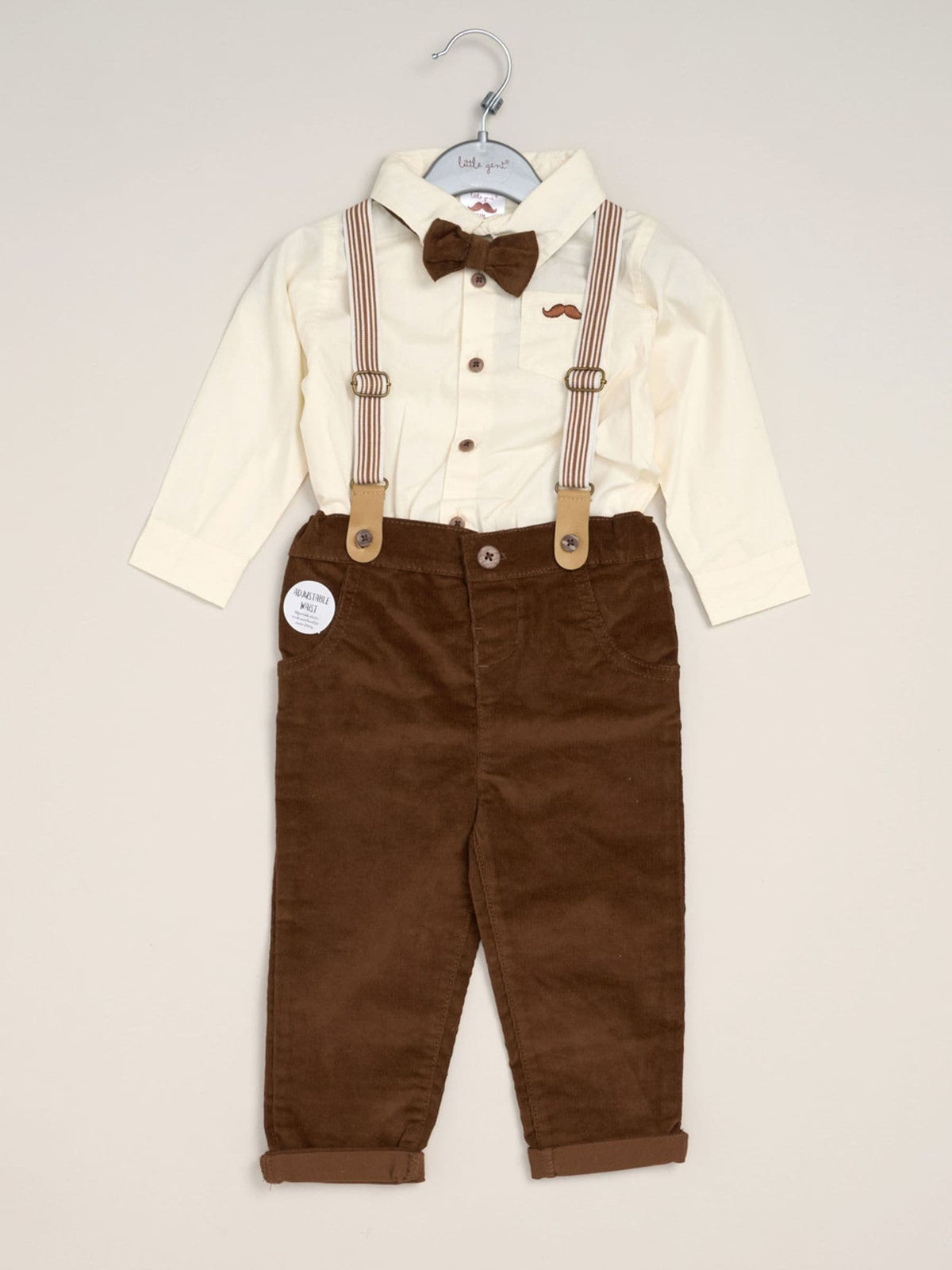 Dsiney Kidz - Little Gent Light Brown Corduroy Bow Tie Mock Shirt And Trousers With Braces Outfit Set image 2