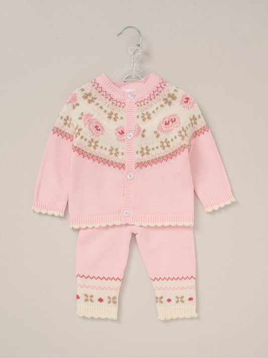 Rock-A-Bye Baby Boutique Pink True Knit Fairisle Pattern Cardigan And Trousers Outfit Set image 2