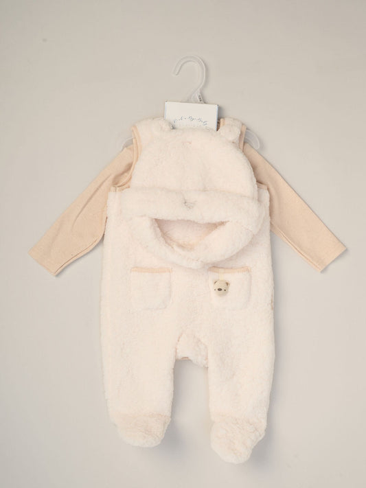Rock-A-Bye Baby Boutique White Baby Borg Dungarees Bodysuit And Hat Set 3 Piece image 2