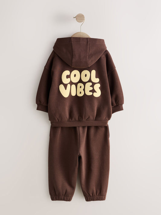 Chocolate Brown Cool Vibes Printed Hoodie and Joggers Set (3mths-7yrs) image 2