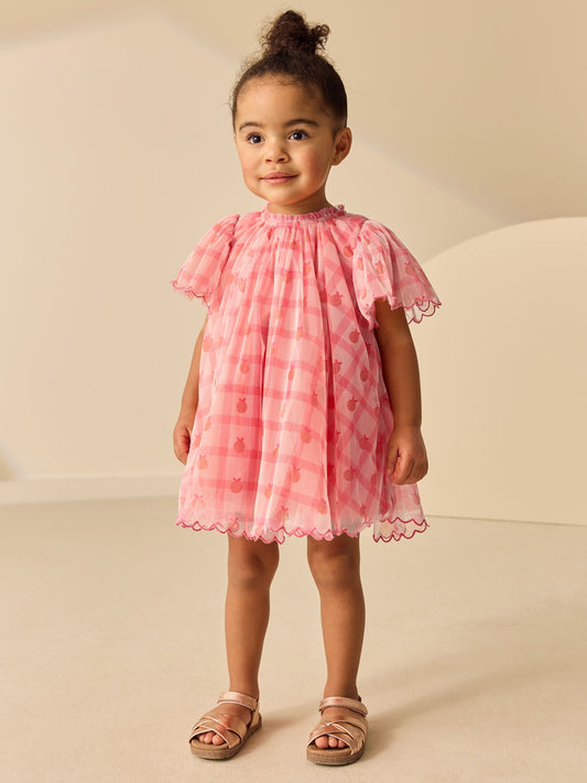 Coral Check Angel Sleeve Mesh Dress (3mths-7yrs) image 2