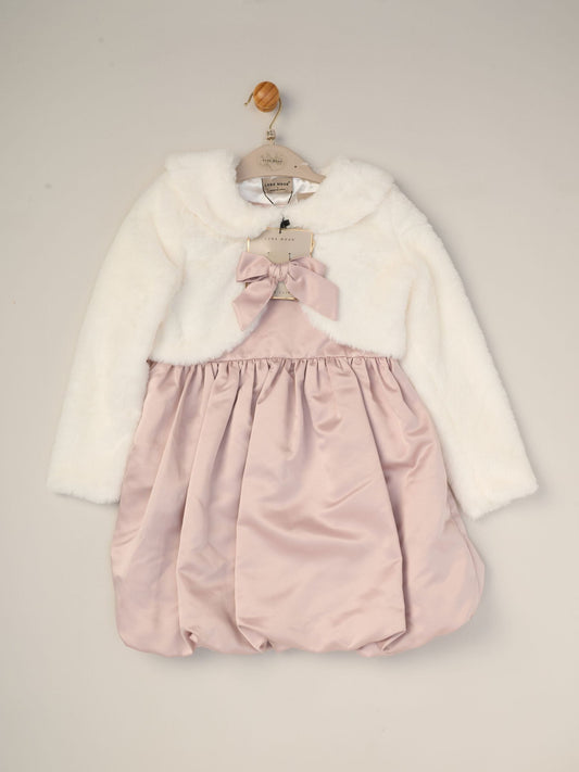 Dsiney Kidz - Miss Pink Bubble Hem Satin Dress Faux Fur Cardigan and Bow Clip Set image 2