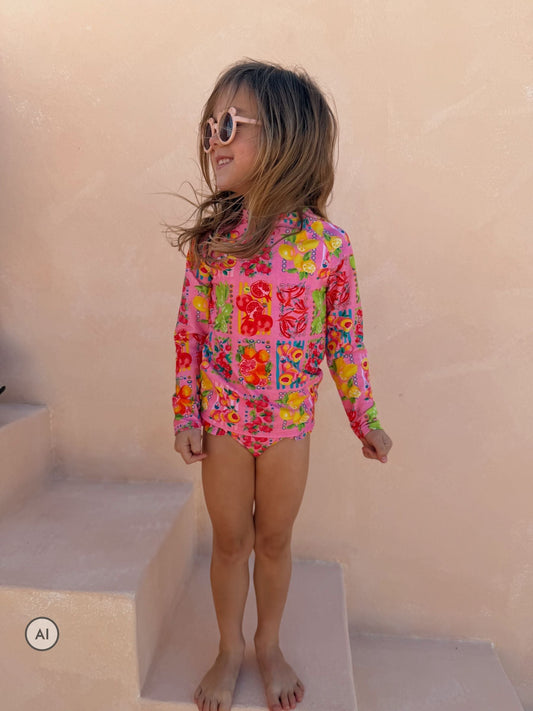 Dsiney Kidz - Never Fully Dressed Pink Fruit Print Sunsafe Long Sleeve Rash Vest and Swim Set image 2