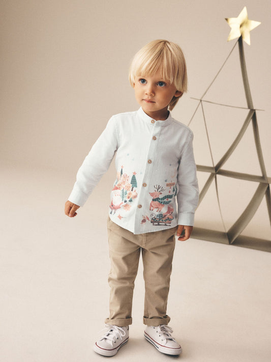 Dsiney Kidz - Light Grey Christmas Scene Long Sleeve Grandad Collar Scene Printed Shirt (3mths-10yrs) image 2