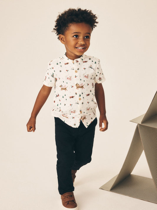 Dsiney Kidz - Ecru White Short Sleeve Grandad Collar Christmas Shirt (3mths-10yrs) image 2