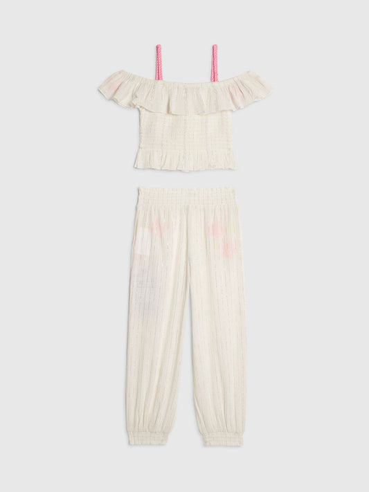 Dsiney Kidz - River Island White Neon Embrodiered Frill Top & Hareem Trousers Set image 2