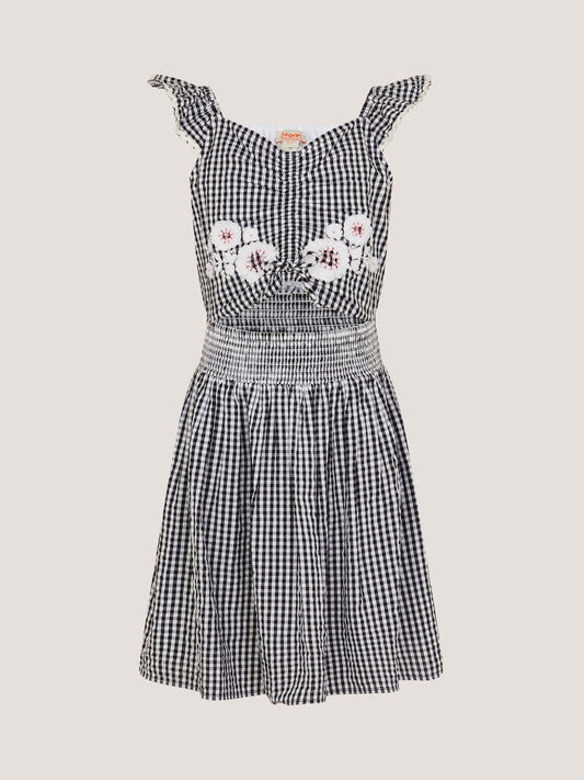 Monsoon Black Floral Embroidered Gingham Cut Out Dress image 2