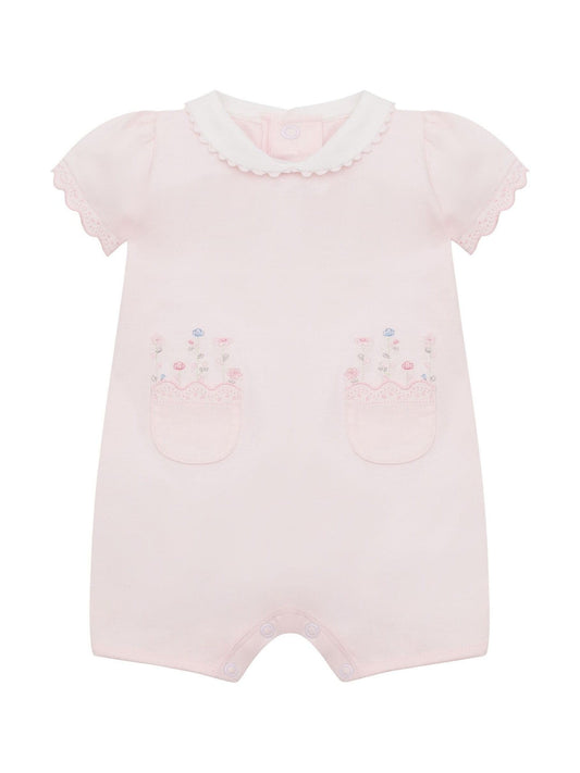 Emile Et Rose Pink Louise Stretch Romper With Floral Embroidery Pockets & Collar image 2