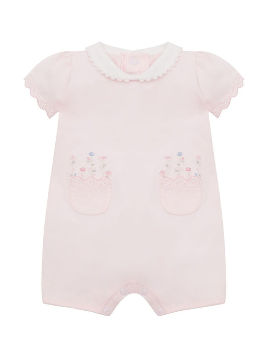 Emile Et Rose Pink Louise Stretch Romper With Floral Embroidery Pockets & Collar image 2
