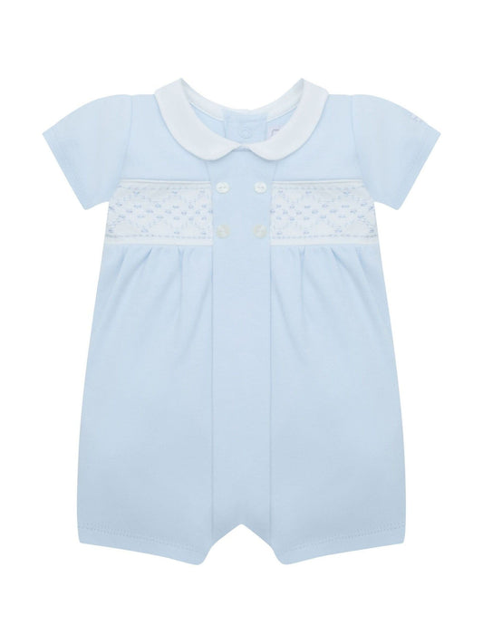 Emile Et Rose Blue Lawrence Romper With Mock Smock Embroidered Panel & Collar image 2