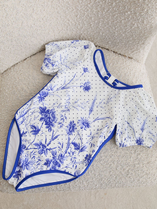 Reiss Blue Print Clemmie 3-9 yrs Floral Print Puff Sleeve Swimsuit image 2