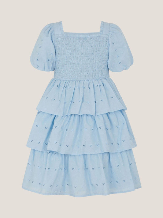 Monsoon Blue Floral Broderie Puff Sleeve Tiered Dress image 2