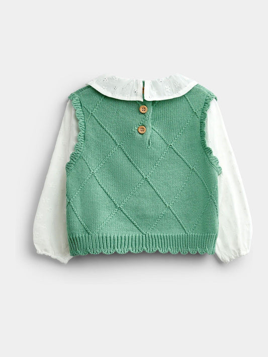 Dsiney Kidz - JoJo Maman Bébé Sage Green Cherry Woven & Knit Embroidered Collar Top image 2