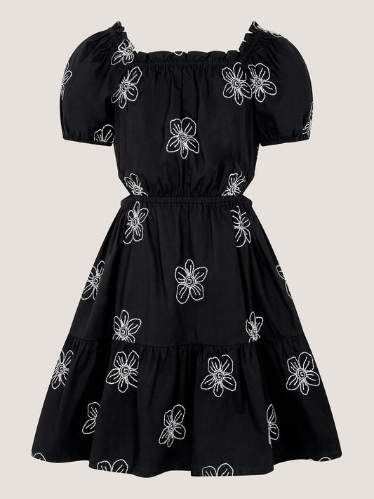 Monsoon Black Puff Sleeve Floral Embroidered Dress image 2