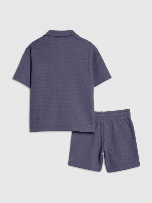 River Island Blue Boxy Texture Revere Shirt & Shorts image 2