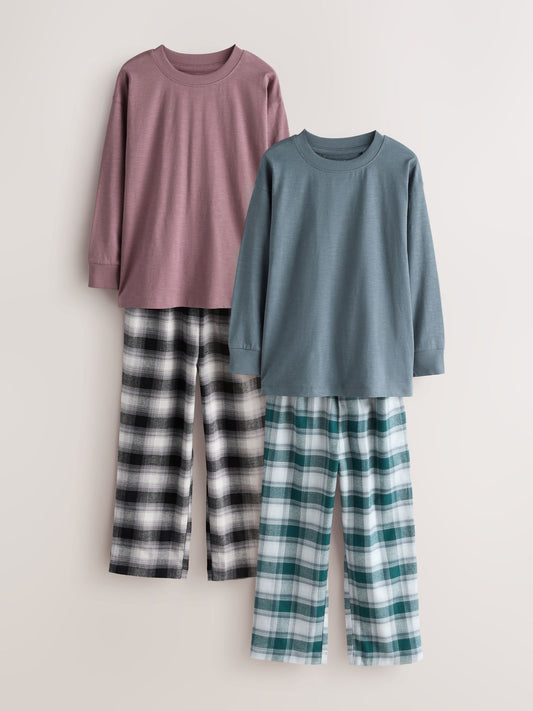 Green/Dusk Long Sleeve Woven Check Pyjamas 2 Pack (3-16yrs) - image 1