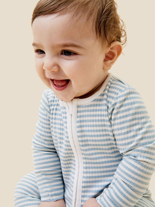 MORI Blue Supersoft Ribbed Stripe Two Way Zip-Up Sleepsuit image 2