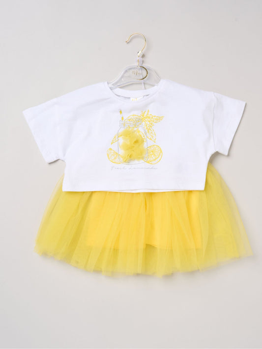 Dsiney Kidz - Miss Yellow Bow Applique Short Sleeve T-Shirt And Tutu Skirt Outfit Set image 2
