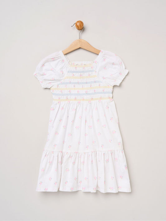 Dsiney Kidz - Miss White Butterfly Embroidered Smocked Dress With Scrunchie Set image 2