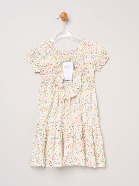 Dsiney Kidz - Miss White Ditsy Embroidered Smocked Dress With Scrunchie Set image 2