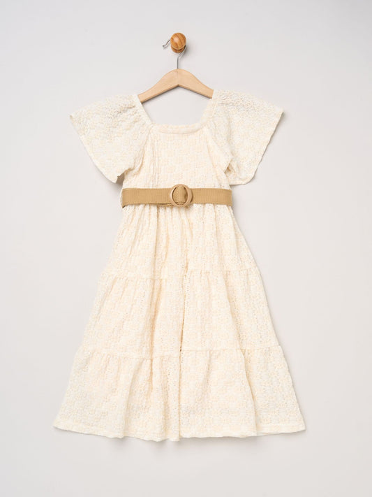 Dsiney Kidz - Miss White Textured Dress And Belt Outfit Set image 2