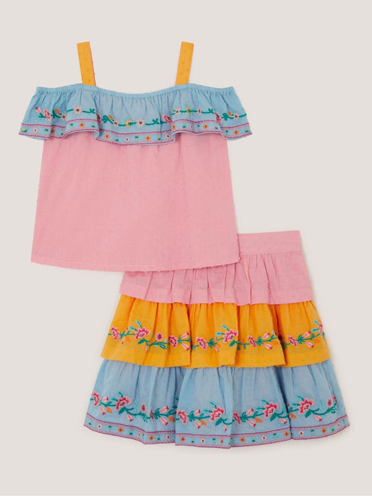 Dsiney Kidz - Monsoon Pink Floral Embroidered Colourblock Top & Skirt Set image 2