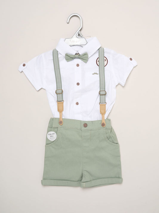 Dsiney Kidz - Little Gent Green Mock Shirt Bodysuit Shorts And Bowtie Outfit Set image 2