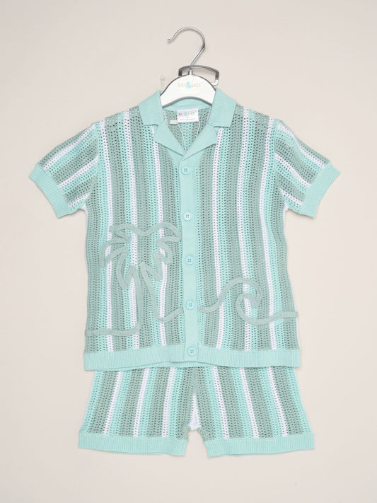 Little Gent Blue Beach Embroidered True Knit Stripe Shirt And Shorts Set image 2