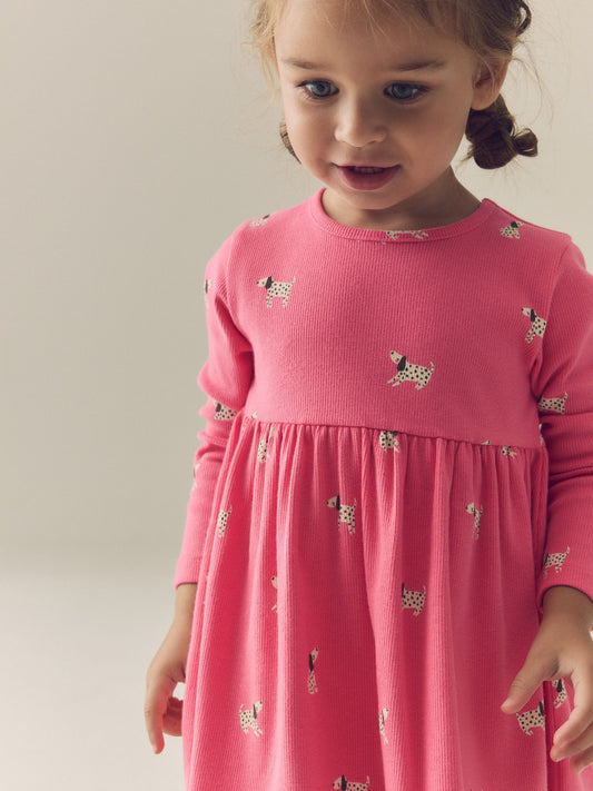 Dsiney Kidz - Pink Dog Long Sleeve Ribbed Dress (3mths-7yrs) image 2