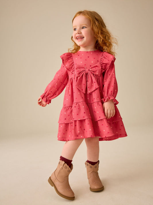 Dsiney Kidz - Pink Hearts Long Sleeve Tiered Dress (3mths-7yrs) image 2