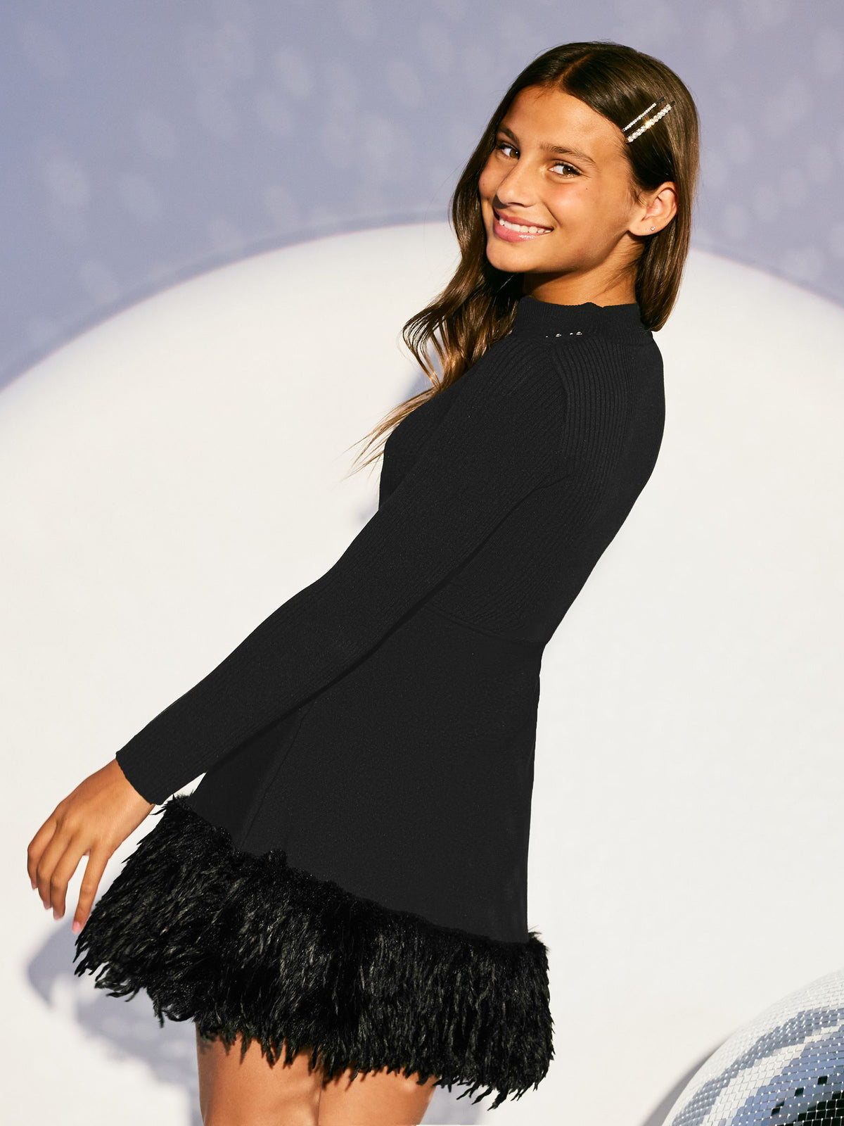 Lipsy Black Faux Fur Hem Knitted Party Dress (5-16yrs) - image 5