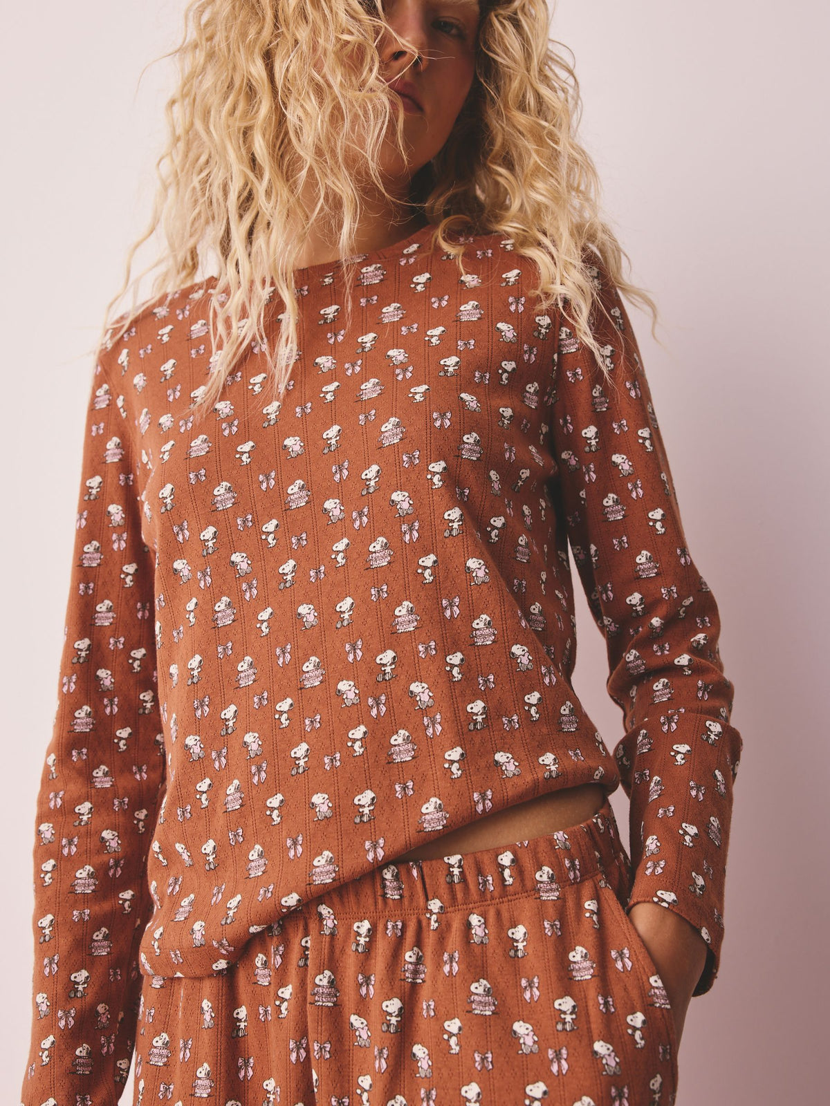 Rust Brown Snoopy Pointelle Long Sleeve Kickflare Pyjamas - image 5
