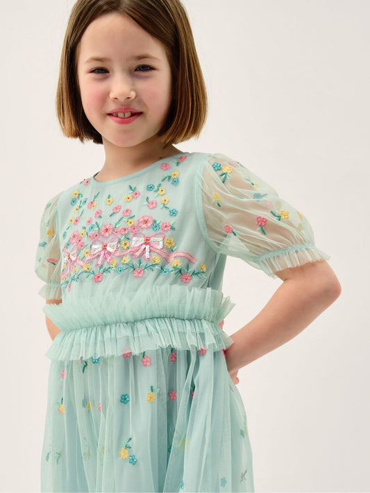 Dsiney Kidz - Monsoon Blue Puff Sleeve Floral Mesh Dress image 2
