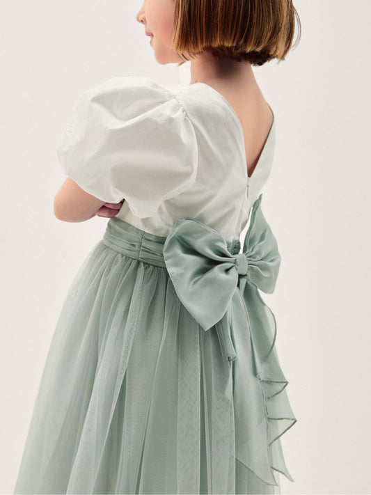 Dsiney Kidz - Monsoon Sage Green Puff Sleeve Satin Tulle Dress image 2
