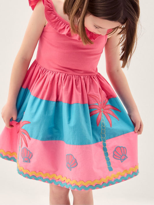 Dsiney Kidz - Monsoon Pink Shell Embroidered Colourblock Dress image 2